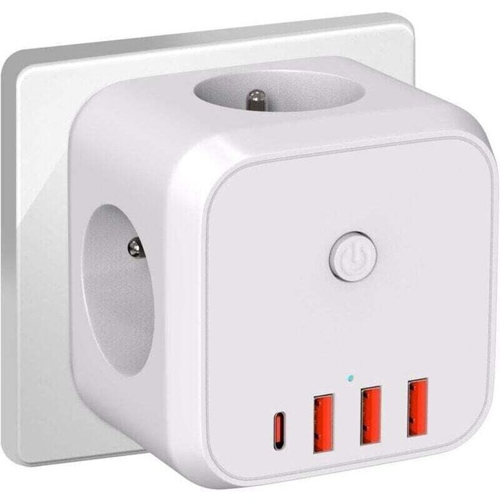 Prelungitor 7-in-1, 4000W, protectie la suprasarcina, design compact, alb, 110x85x85mm