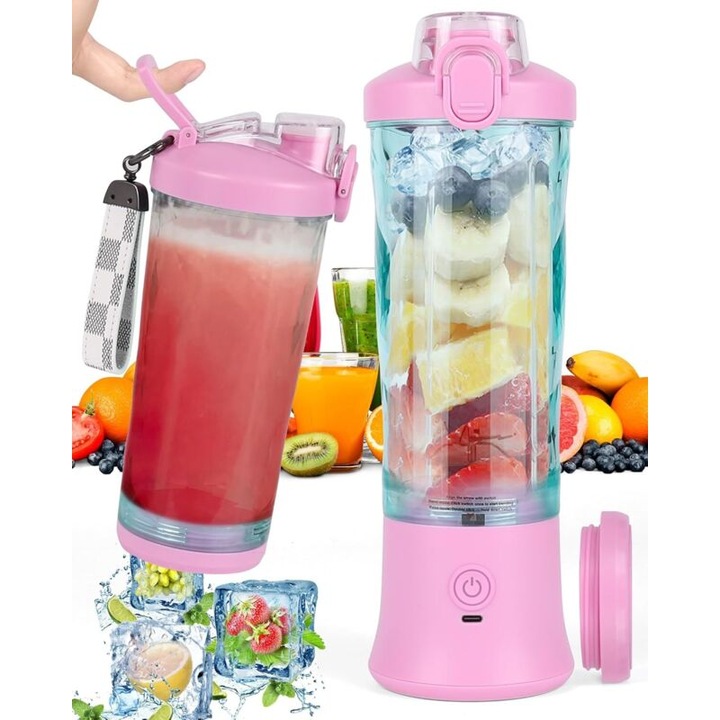 Blender portabil 600ml, 6 lame, baterie 4000mAh, violet