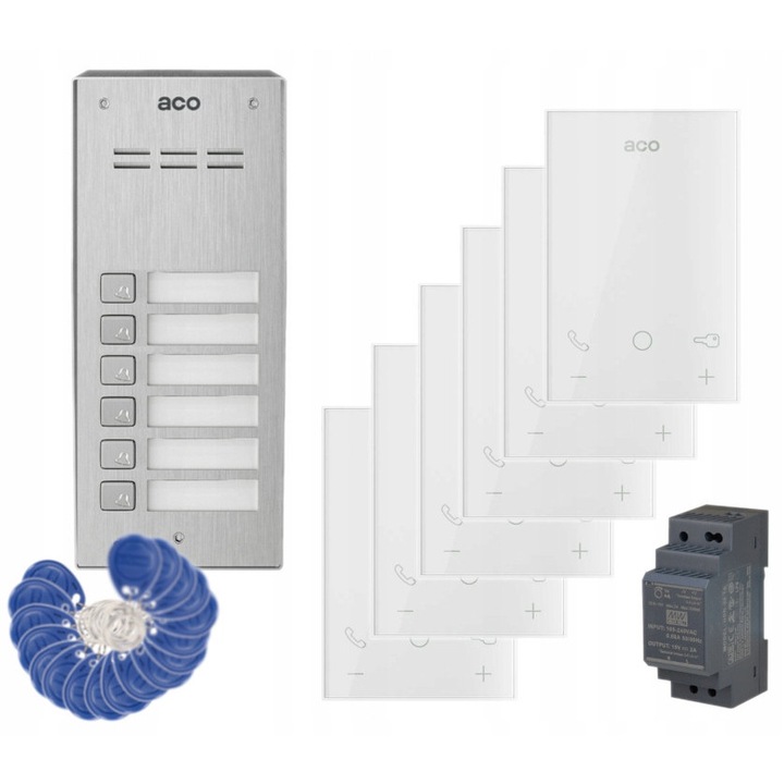 КОМПЛЕКТ ДОМОФОН, 6 семейства ACO, FAM-P-6NPACC NT, UP800 G2, 18 RFID ключодържателя, захранване 15V