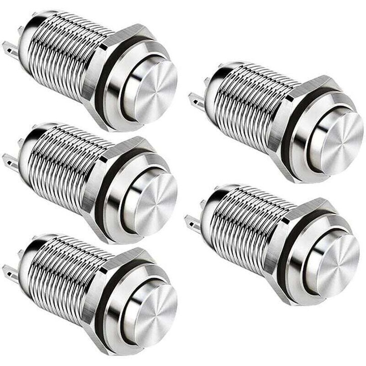 5 db fém nyomógombos kapcsoló készlet, 12mm, 2A, 12V/24V/125V/250V, ezüst