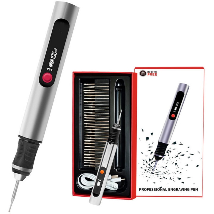 Pix de gravare fara fir, 8000-21000 RPM, 220 g, pentru lemn tare si tec, set cu 30 de varfuri