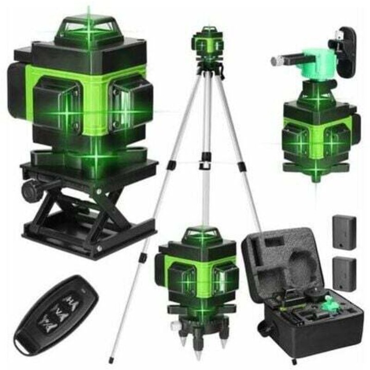 Nivel laser 4D cu 16 linii verzi, auto-nivelare, 3 moduri, suport magnetic, 1.2m cablu extensie, set de unelte de masura