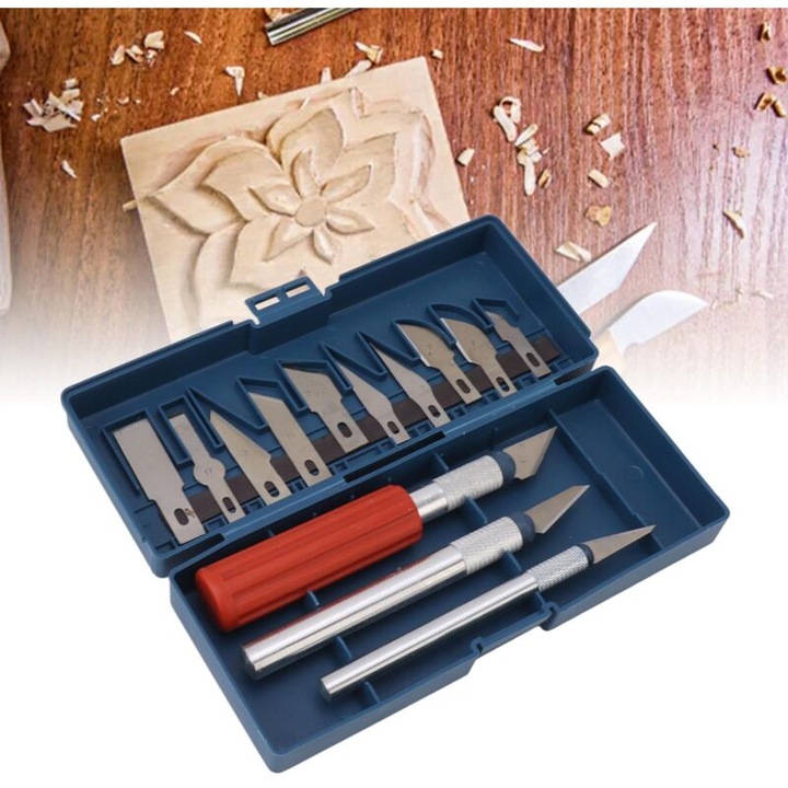 Set de dalti pentru sculptura, 10 varfuri interschimbabile, 3 manere ergonomice, cutie de depozitare, otel calit