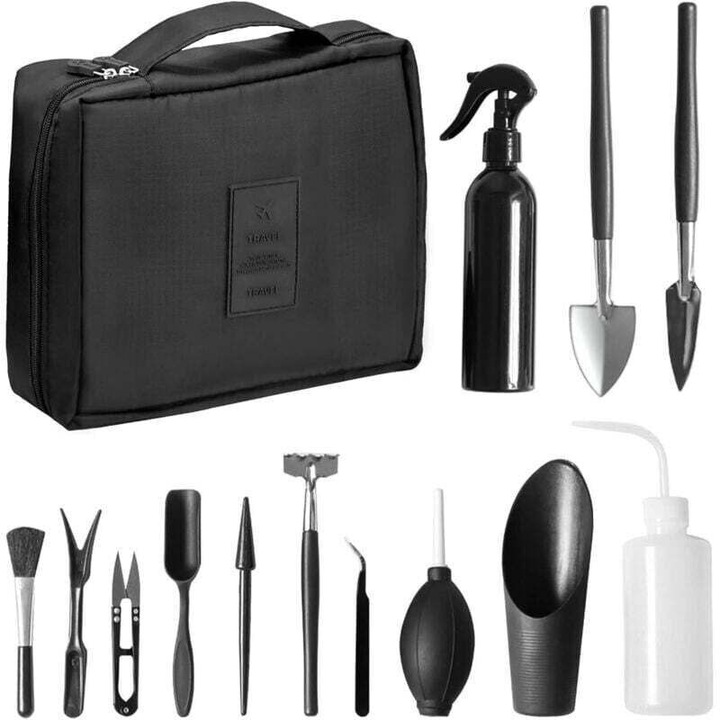 Set unelte gradinarit, 13 unelte din otel carbon, cu geanta de depozitare, pentru plante suculente, interior