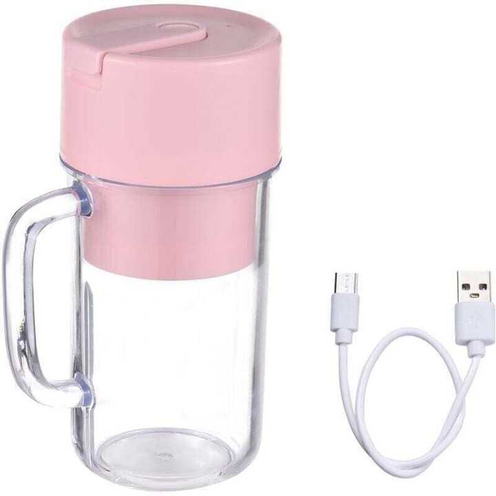Blender portabil, 6 lame, capacitate 500 ml, roz, 18.3x8.3x7.3 cm, set cu cablu de incarcare