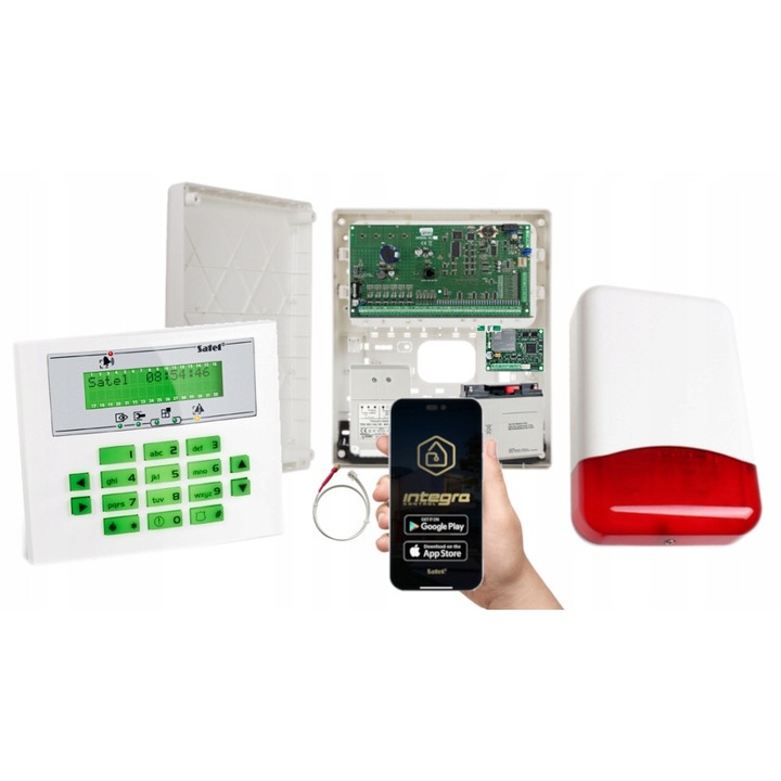 Riasztó szett Satel INTEGRA 64, LCD kezelő, GSM LTE modul, sziréna, 16-64 bemenet, 8 partíció, 12V 17Ah