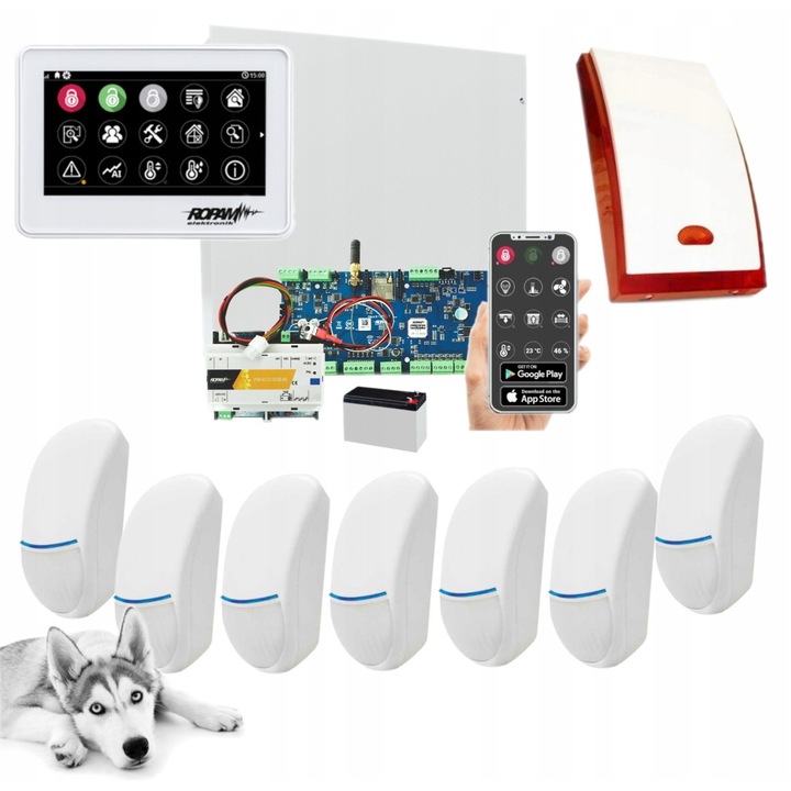 Алармена система Ropam Neo-IP-64-SET, 7 сензора Bingo Plus Pet, WiFi модул, бял тъч панел