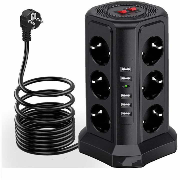 Prelungitor cu 12 prize AC si 5 porturi USB, protectie la supratensiune 1500J, cablu de 2m, comutatoare independente
