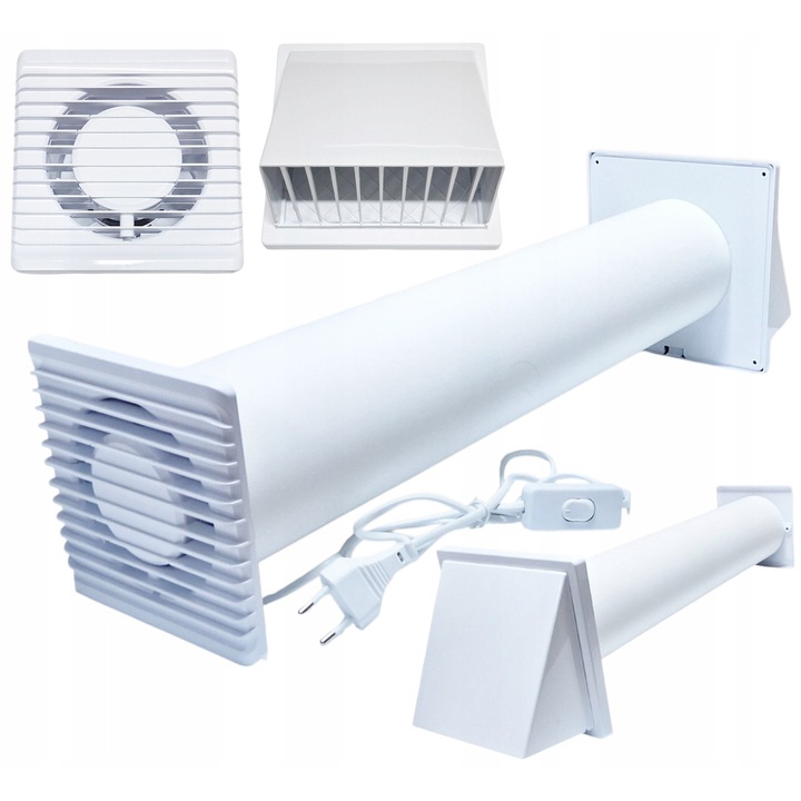 Szellőztető készlet 100mm-es ventilátorral, airRoxy, fali szerelés, PVC csatorna, visszacsapó szelep