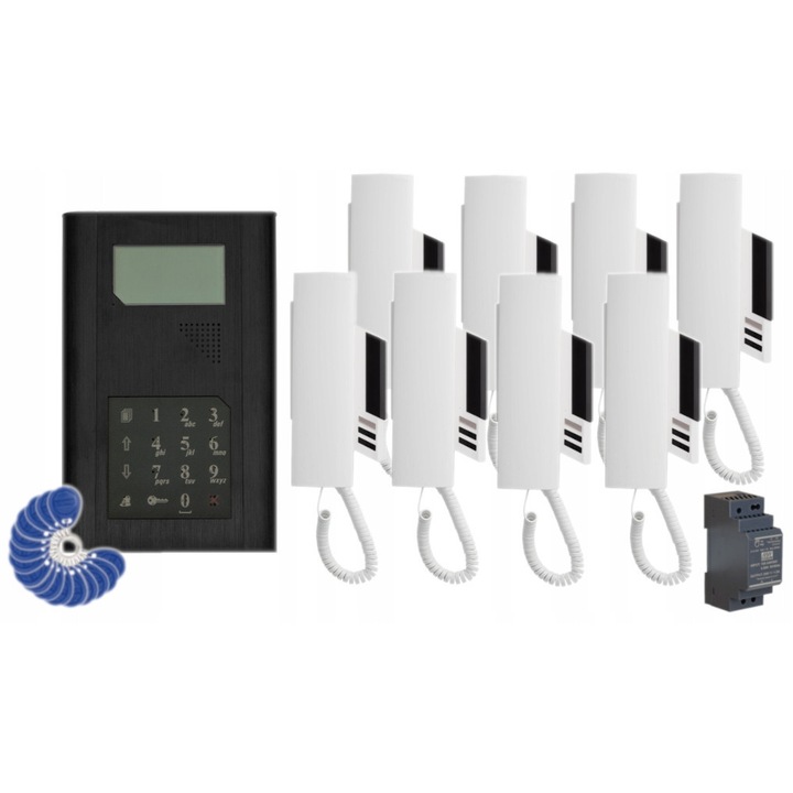 Комплект домофон, Proel KDC3905 с 8 слушалки PC-612-CZ, 2-жичен, черен, DIN захранване