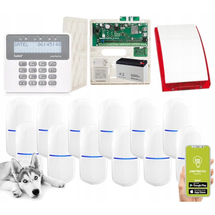 Satel Perfecta 64 M hibrid riasztórendszer, 12 SLIM-PIR-PET érzékelő, LTE antenna, kültéri sziréna, 12V 7Ah, fehér