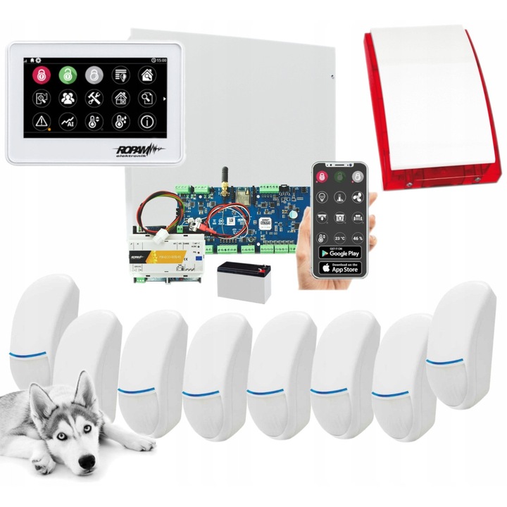Алармена система Ropam Neo-IP-64, 8 сензора Bingo Plus, WiFi модул, бял тъч панел, 12V 7Ah