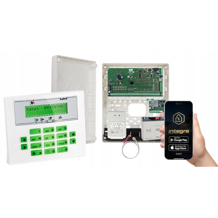 Satel INTEGRA 64 riasztó szett, LCD kezelő, GSM LTE modul, 16-64 bemenet, 12V 17Ah