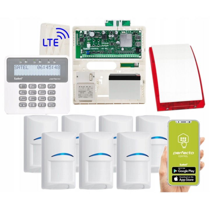 Satel Perfecta 32 LTE riasztórendszer, 7 Bosch érzékelővel, vezeték nélküli, SMS és alkalmazás vezérlés, 12V DC