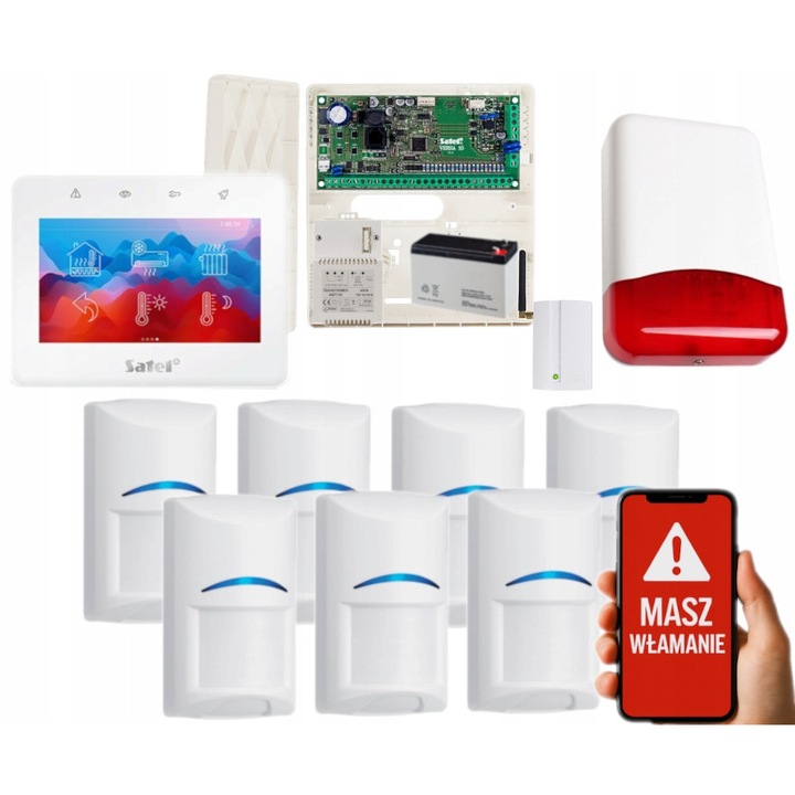 Satel VERSA 10 vezetékes riasztórendszer, 7 Bosch érzékelő, GSM LTE modul, optikai-akusztikus sziréna, 12V, komplett szett