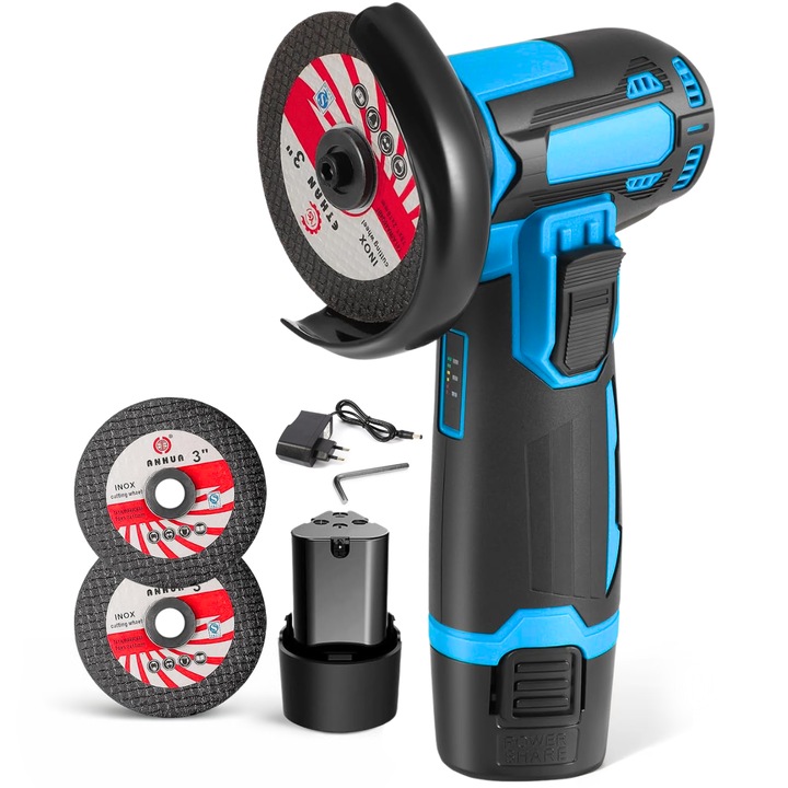 Flex si Polizor Cu Baterie, 19500 rpm, 2 discuri 76mm, Albastru/Negru, easyCTRL®