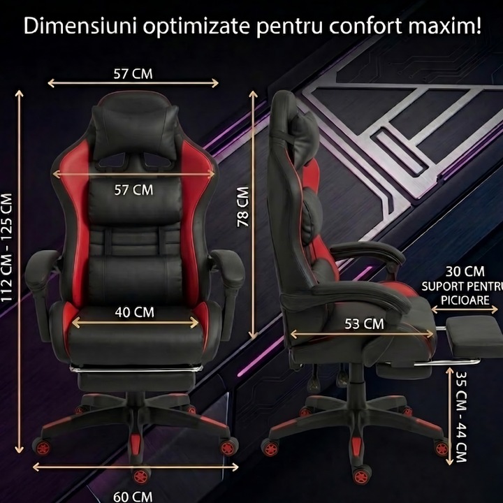Геймърски стол GALAXIA ергономичен, LED RGB, лумбален масаж, разтегателна поставка за крака, регулируема облегалка 90-165 градуса, възглавници за врат и кръст, Черен/Червен