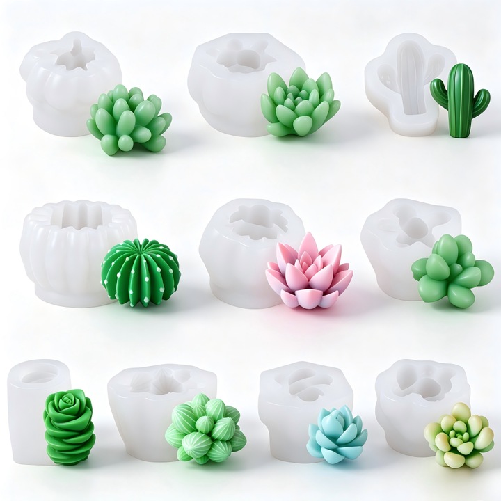 Set 10 Matrite de Silicon pentru Lumanari OLOEY®, Model Plante Suculente 3D, Silicon Alimentar, Non-toxic, Usor de Demolat, Pentru Lumanari, Sapunuri, Rasina