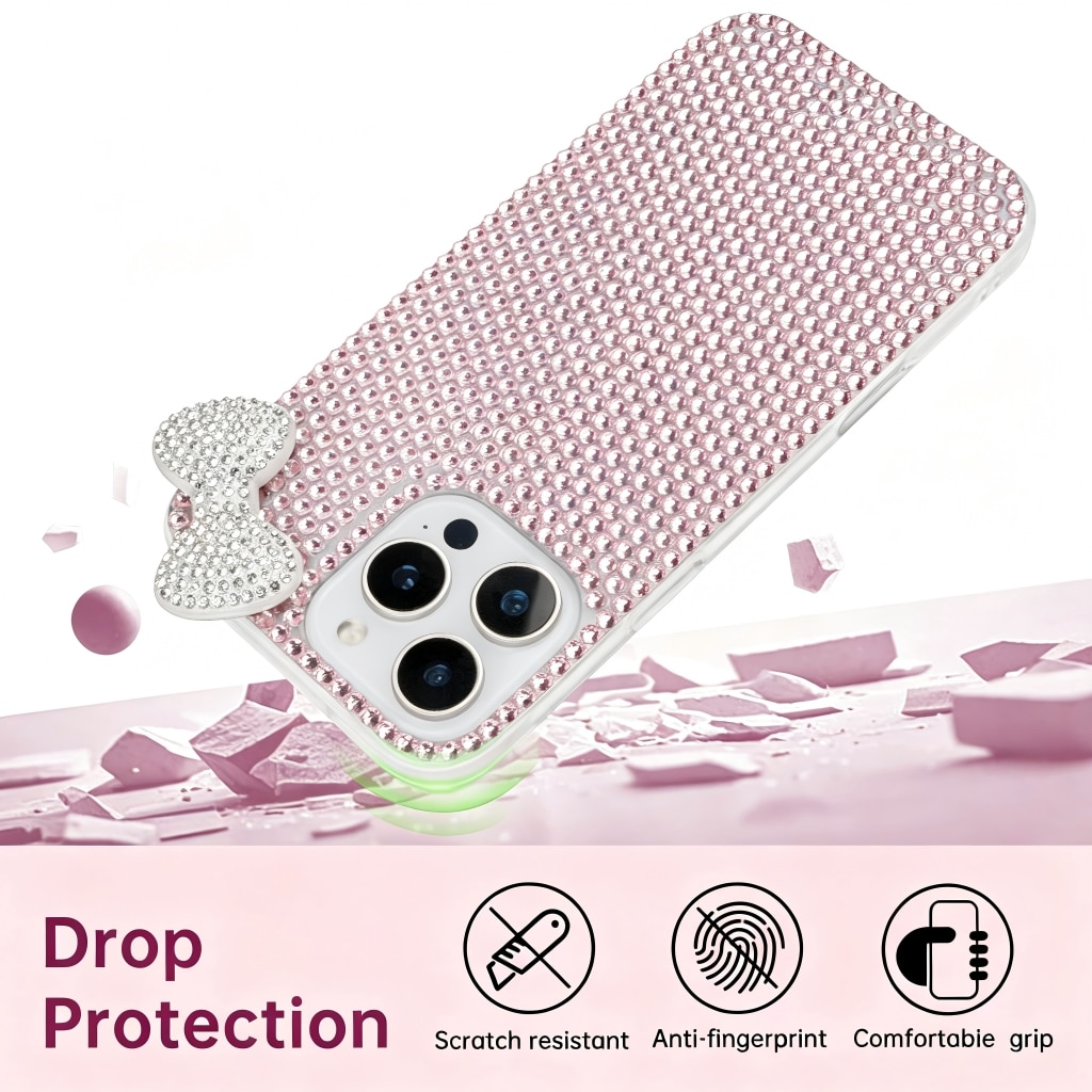 Husa de protectie, Compatibila iPhone 17 Pro,3D Glitter Sparkle Bling cu Fundita si Strass Crystal Rhinestone, OLOEY®, Roz Transparent, Antisoc