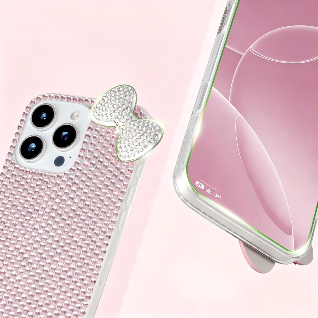 Husa de protectie, Compatibila iPhone 17 Pro,3D Glitter Sparkle Bling cu Fundita si Strass Crystal Rhinestone, OLOEY®, Roz Transparent, Antisoc