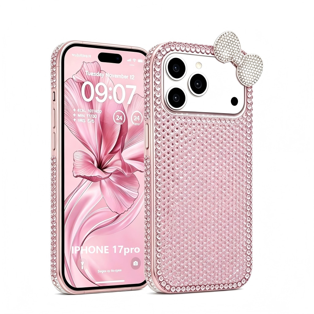 Husa de protectie, Compatibila iPhone 17 Pro,3D Glitter Sparkle Bling cu Fundita si Strass Crystal Rhinestone, OLOEY®, Roz Transparent, Antisoc