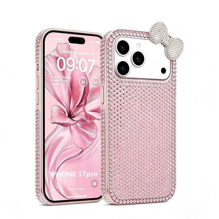 Husa de protectie, Compatibila iPhone 17 Pro,3D Glitter Sparkle Bling cu Fundita si Strass Crystal Rhinestone, OLOEY®, Roz Transparent, Antisoc
