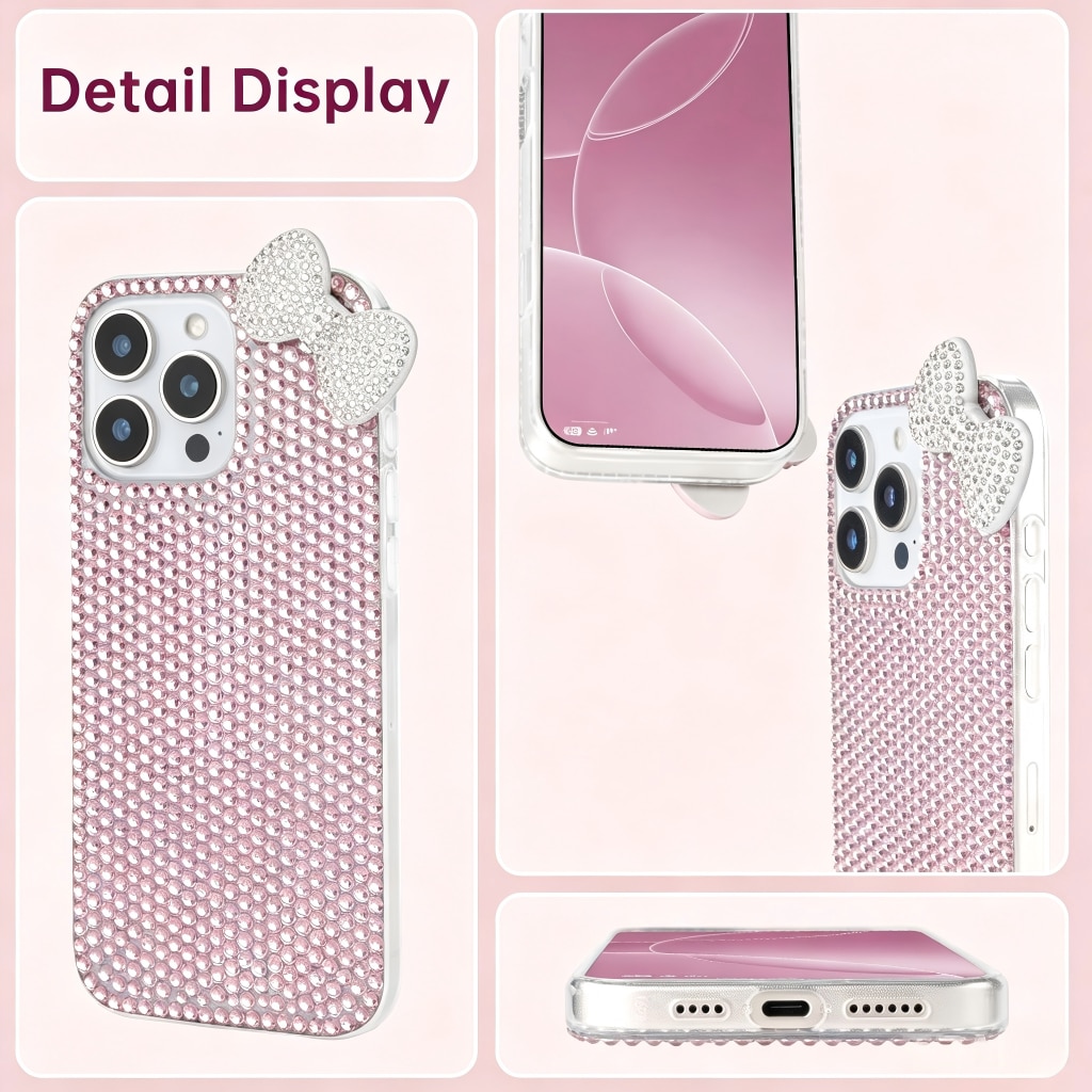 Husa de protectie, Compatibila iPhone 17 Pro,3D Glitter Sparkle Bling cu Fundita si Strass Crystal Rhinestone, OLOEY®, Roz Transparent, Antisoc
