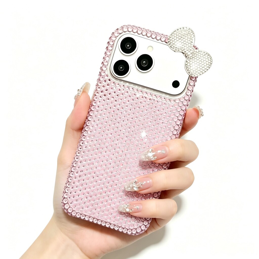 Husa de protectie, Compatibila iPhone 17 Pro,3D Glitter Sparkle Bling cu Fundita si Strass Crystal Rhinestone, OLOEY®, Roz Transparent, Antisoc