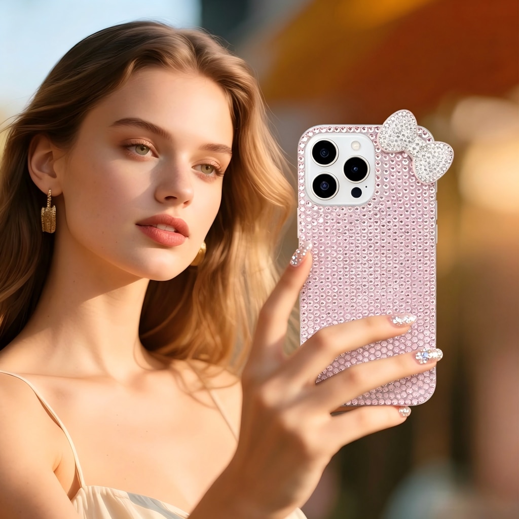 Husa de protectie, Compatibila iPhone 17 Pro,3D Glitter Sparkle Bling cu Fundita si Strass Crystal Rhinestone, OLOEY®, Roz Transparent, Antisoc
