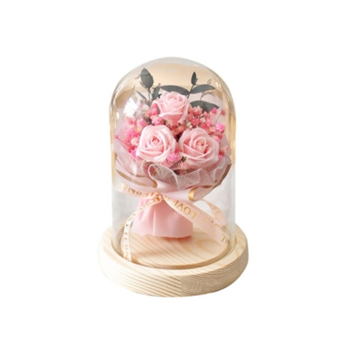 Trandafir Etern in Cupola de Sticla cu Lumini LED, Multicolor, 20x15cm
