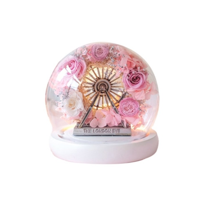 Aranjament floral rosu, roata Ferris, cupola sticla, cadou, 20x20cm