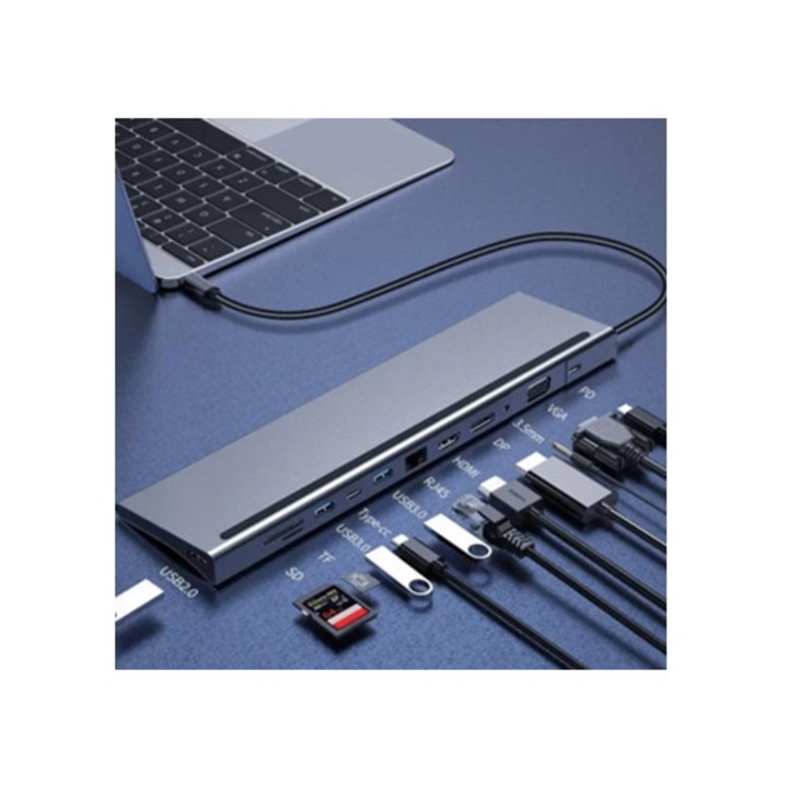 Dock hub USB-C 12-in-1 CJ-NZ-K0384-260701-696, pentru Dell XPS 13 9310, cu stand, gri inchis