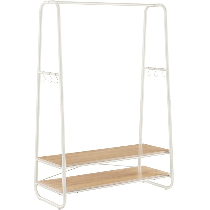 Ruhatartó állvány cipőtartóval, 2 polccal, 6 oldalsó kampóval, 45x100x160 cm, kompakt design, krémfehér