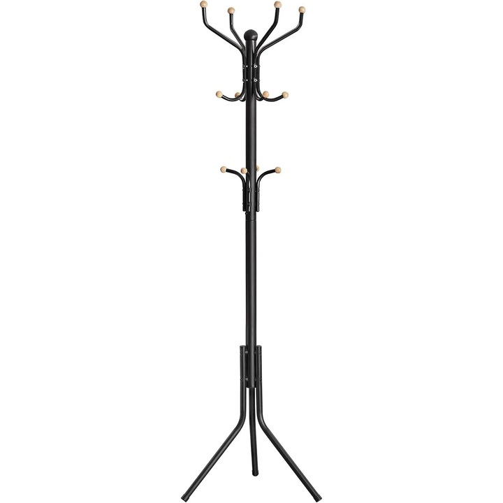 Fogas, acél, fa hatású, 12 akasztóval, 182 cm, stabil hármas talp, fekete