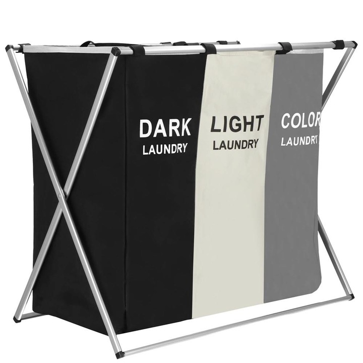 Cos rufe 3 compartimente cadru aluminiu 146 litri, 68x40x60 cm, organizare, negru