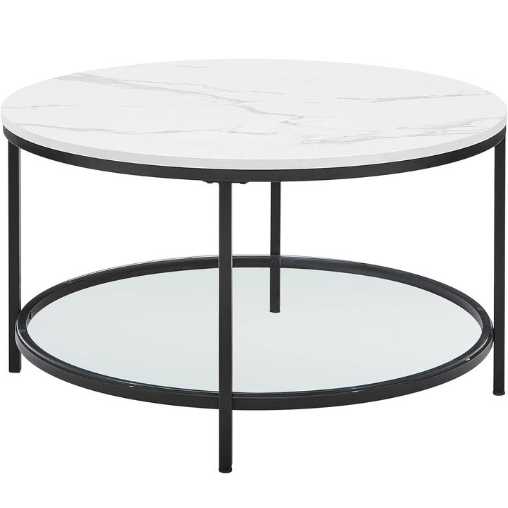 Masuta cafea rotunda blat imitatie marmura polita sticla, 80x45 cm, design elegant, alb negru