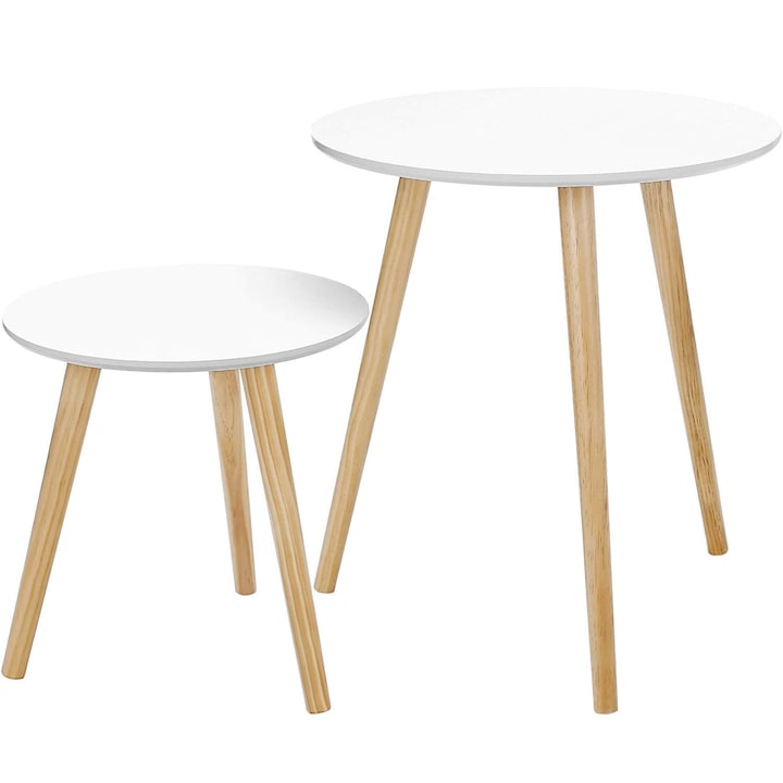 Set 2 masute cafea picioare lemn blat mdf scandinav, 45x50 cm si 35x35 cm, design minimalist, alb