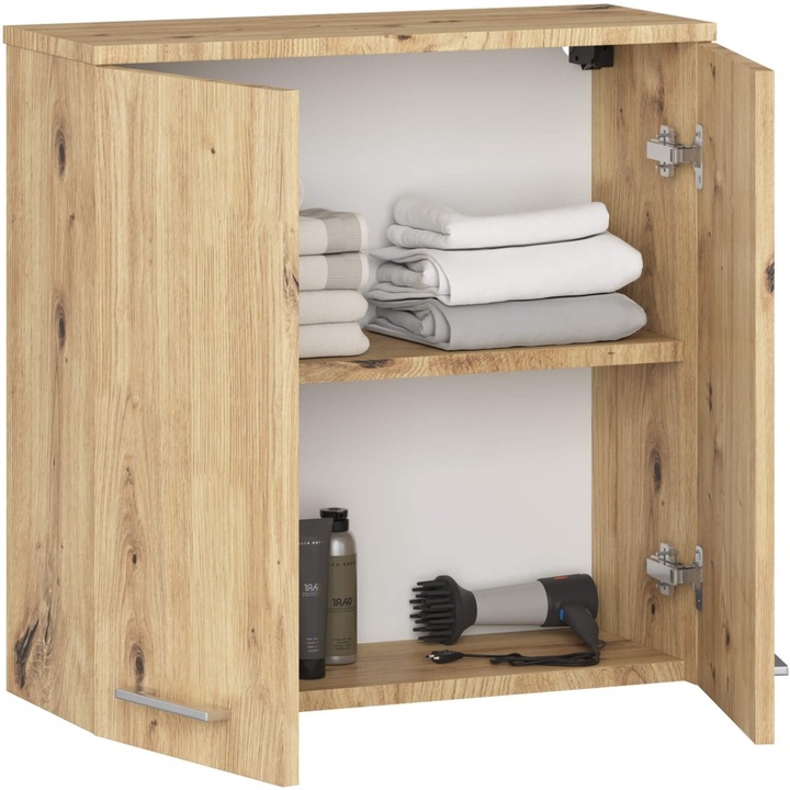 Dulap baie suspendat pal 2 usi cu raft, 60x23x60 cm, depozitare eficienta, stejar artisan