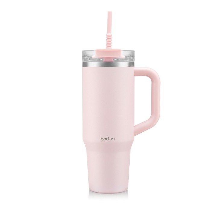 Bodum Travel Mug termosz bögre 1.2L, rózsaszín, tetővel és szívószállal