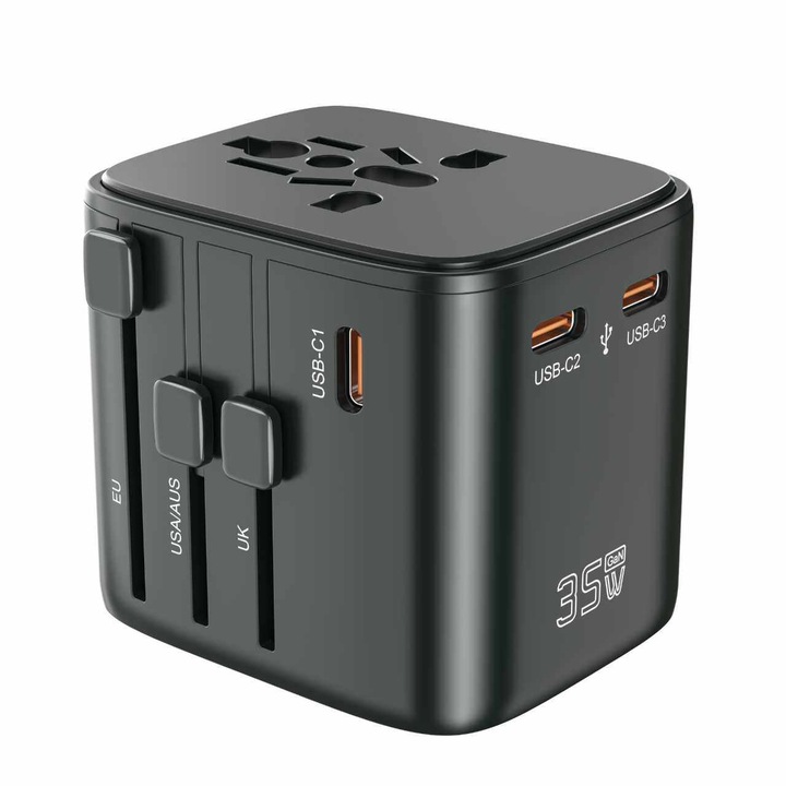 Универсален адаптер за пътуване GaN 35W, бързо зареждане 3 USB-C + 1 USB-A, съвместим с 180+ държави (EU/UK/US/AU), многократна защита, огнеупорен PC материал