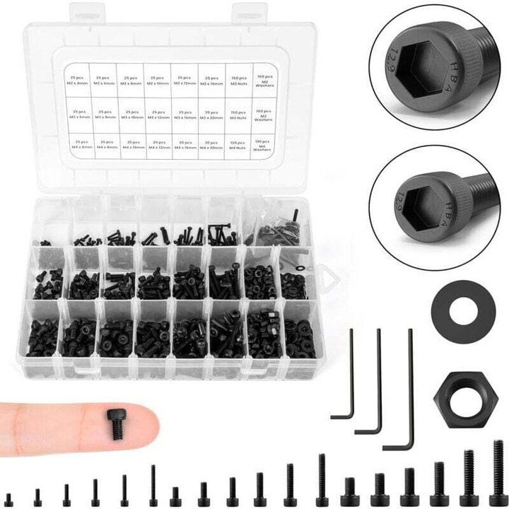 Set de 1290 piese suruburi, piulite si rondelle M2, M3, M4, otel aliat 12.9, cutie cu compartimente