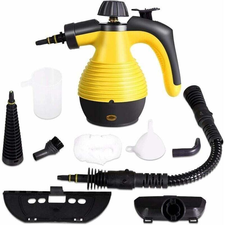 Aparat de curatat cu abur portabil, 9 accesorii, 3 bar, 350 ml, negru si galben, 27x13.5x21cm