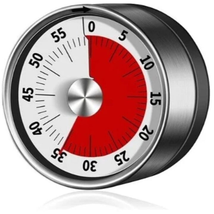Timer mecanic, 60 minute, design din otel inoxidabil, cu magneti, pentru bucatarie si studiu