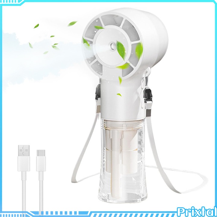 Hordozható kézi ventilátor párásító permetező funkcióval, 4 sebességfokozat, nagy fordulatszám, USB töltés, 1200 mAh, hosszú üzemidő, kompakt, csuklópánttal, alkalmas irodába / sporthoz / kültérre, fehér