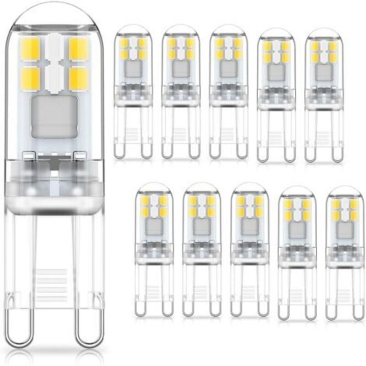 G9 LED izzók 1.5W, 20W halogénnel egyenértékű, hideg fehér 6000K, 10 darabos készlet, méret 14x46mm
