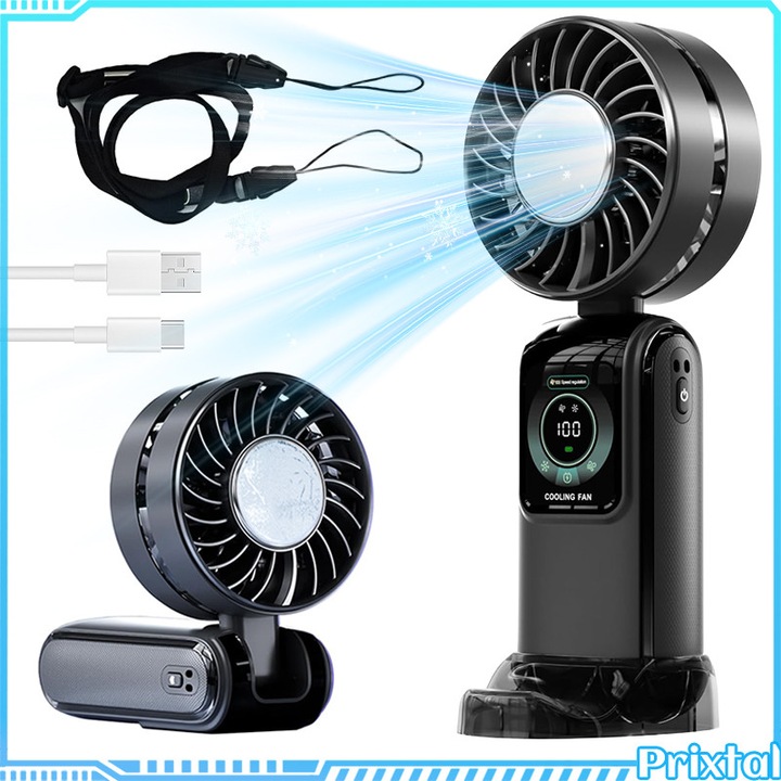 Hordozható kézi ventilátor, LED kijelzővel, TEC hűtéssel, 5 sebességgel, 90°-ban állítható fejjel, USB töltéssel, 3600 mAh, hosszú üzemidő, kompakt, csuklópánttal és tartótalppal, alkalmas irodába / hálószobába / kültérre, fekete