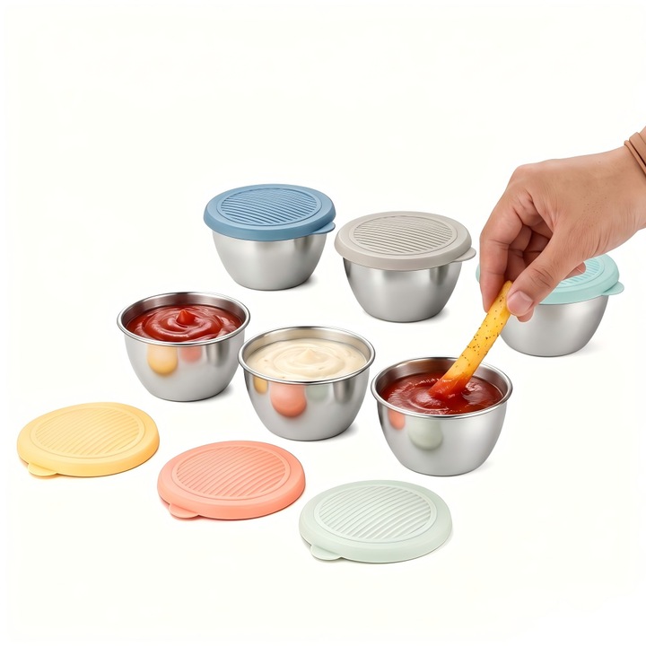 Set 6 bucati boluri de otel inoxidabil pentru condimente si sosuri, cu capac etans, multicolor