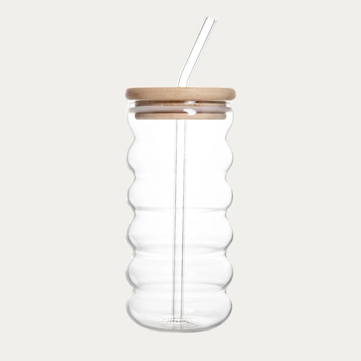 Pahar cu capac din bambus si pai din sticla, 450 ml, HOMLA, transparent