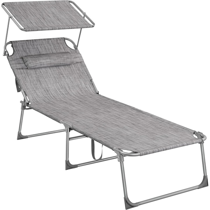Összecsukható napozóágy napellenzővel és fejtámlával, 4 pozícióban állítható háttámlával, maximális teherbírás 150 kg, méret 200x71x38 cm, szürke