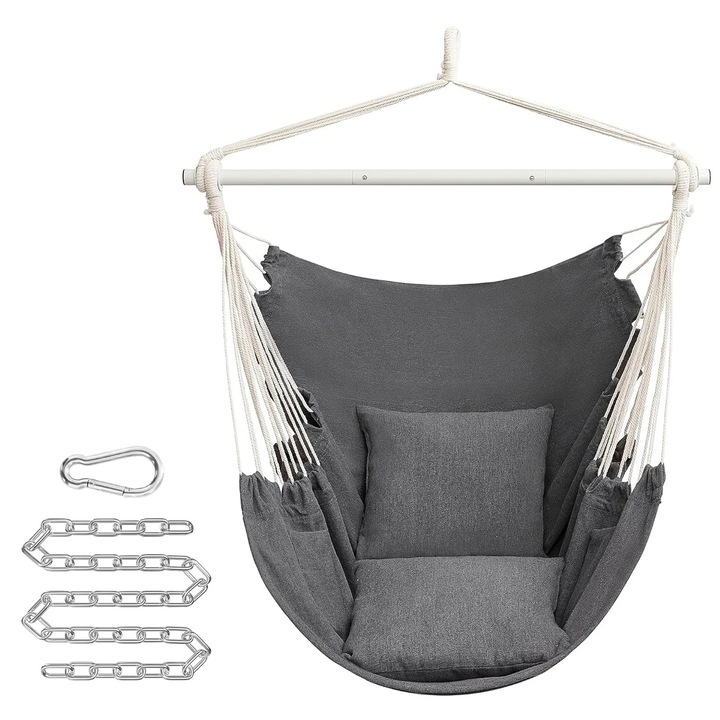 Felfüggesztett hámstílusú fotel 2 párnával, lánc és karabiner mellékelve, 150x128 cm, sötétszürke